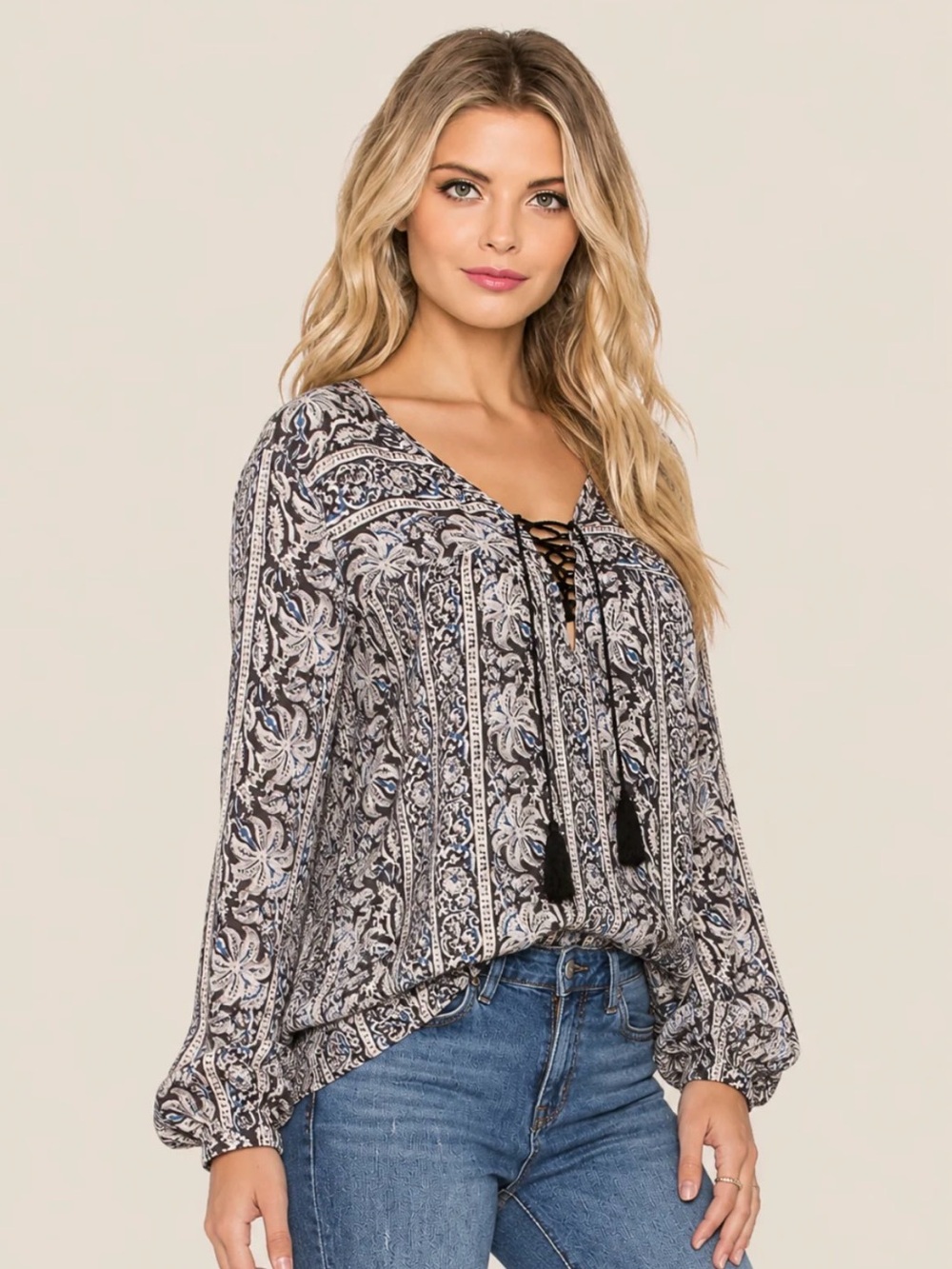 Eternal Sunshine Creations Boho Lace-Up Tassel Peasant Top Floral XS/S